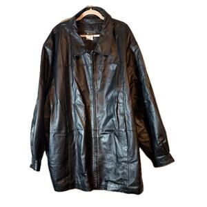 KS 5XL Black Leather Jacket Genuine Shell Polyester Lining Snaps Pockets